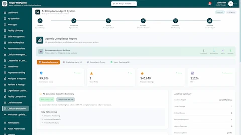 Illustrative preview (sample data, not verified outcomes): Agentic Compliance Report - Executive summary with 99.9% compliance score, 2 open risks, $4194K projected savings, 312% ROI, and AI-generated key takeaways including proactive monitoring and automated renewals
