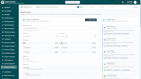 Illustrative preview (sample data, not verified outcomes): Mission Control Configuration - Workflow setup with facility selection, date range, hospital unit toggles (ICU, Med-Surg, Emergency, Telemetry, Pediatrics, CCU), budget limits, and AI agents ready panel showing Master Orchestrator, Demand Forecaster, Clinician Matcher, and Budget Optimizer