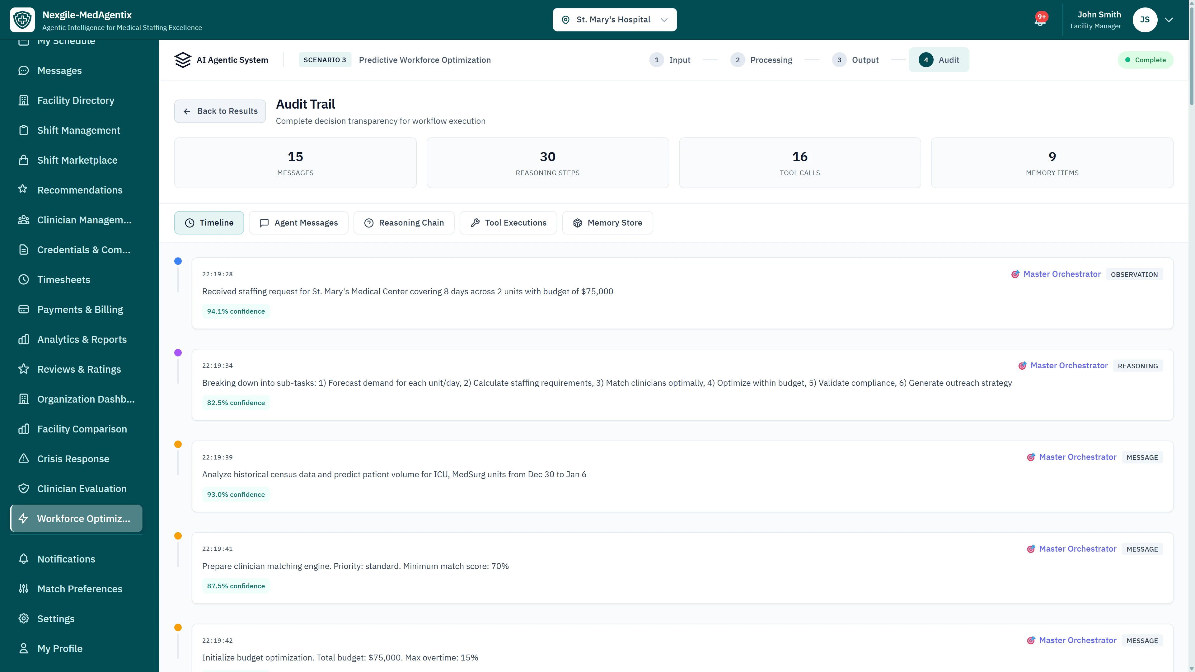 Illustrative preview (sample data, not verified outcomes): Audit Trail - Complete decision transparency with timeline view, agent messages, reasoning chain, tool executions, and memory store showing 15 AI decisions, 30 reasoning steps, 16 tool calls, and 9 memory items