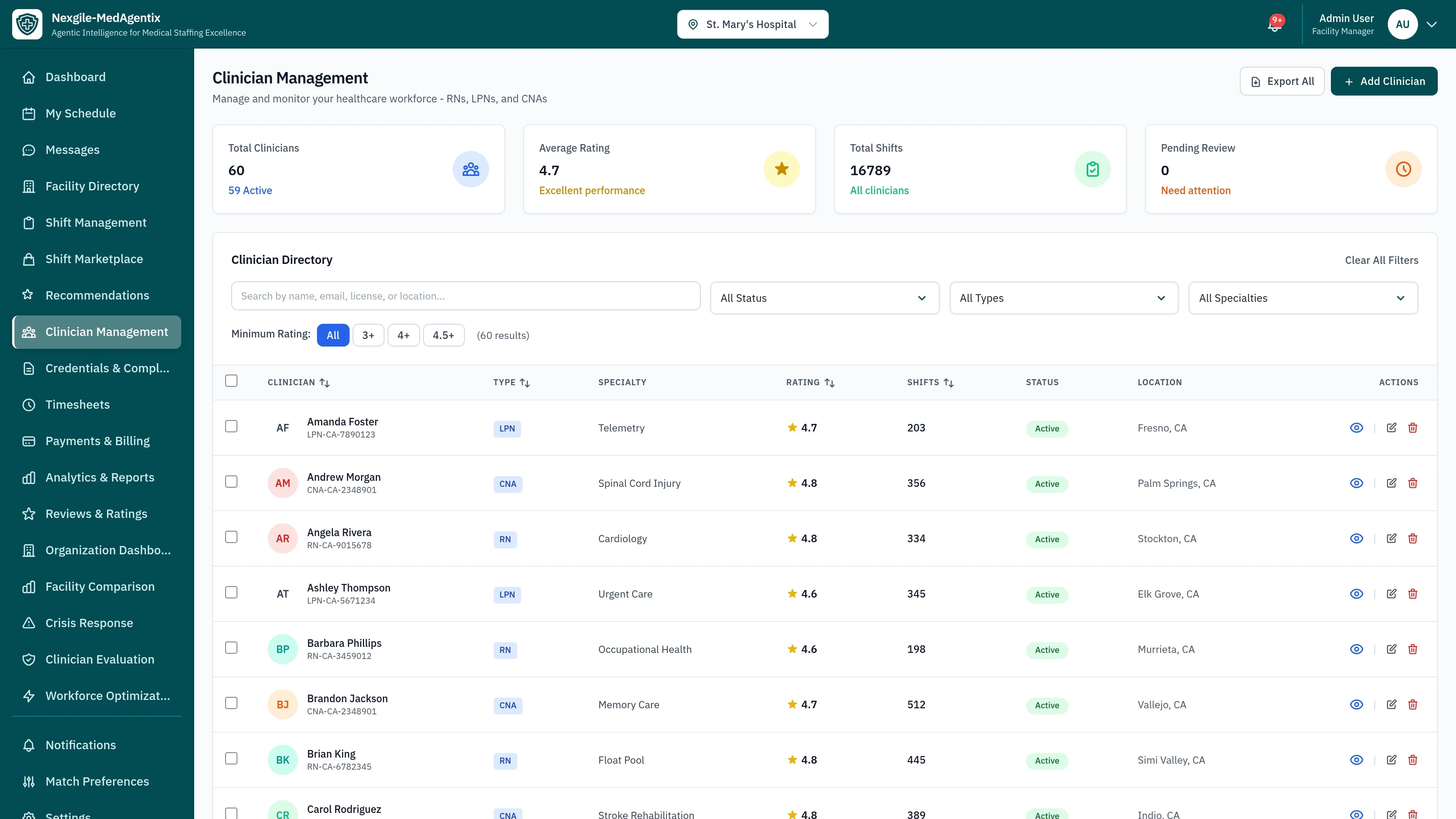 Illustrative preview (sample data, not verified outcomes): Clinicians Portal - Browse and manage available healthcare shifts
