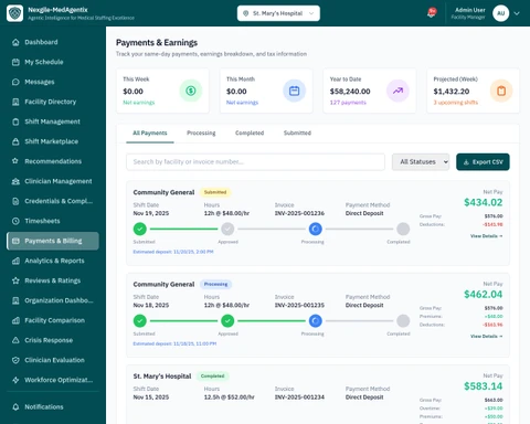 Illustrative preview (sample data, not verified outcomes): Payment Management Interface - Same-day payment system with timesheet approval and processing workflows