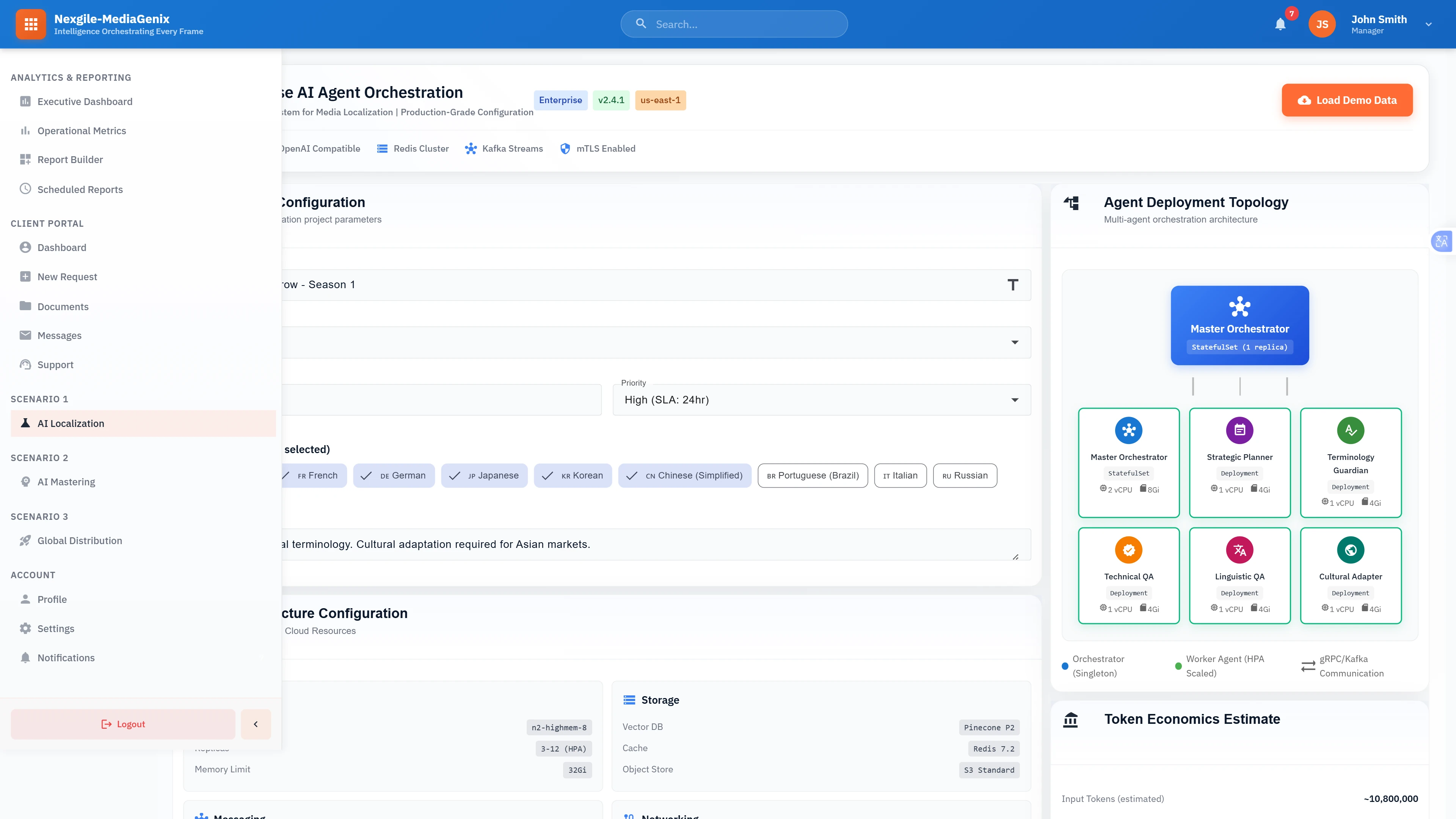 Illustrative preview (sample data, not verified outcomes): Configuration Interface: AI agent orchestration setup with multi-agent deployment topology, target language selection, and cloud infrastructure configuration for localization workflows