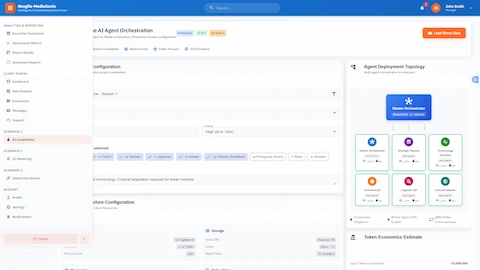 Illustrative preview (sample data, not verified outcomes): Configuration Interface: AI agent orchestration setup with multi-agent deployment topology, target language selection, and cloud infrastructure configuration for localization workflows