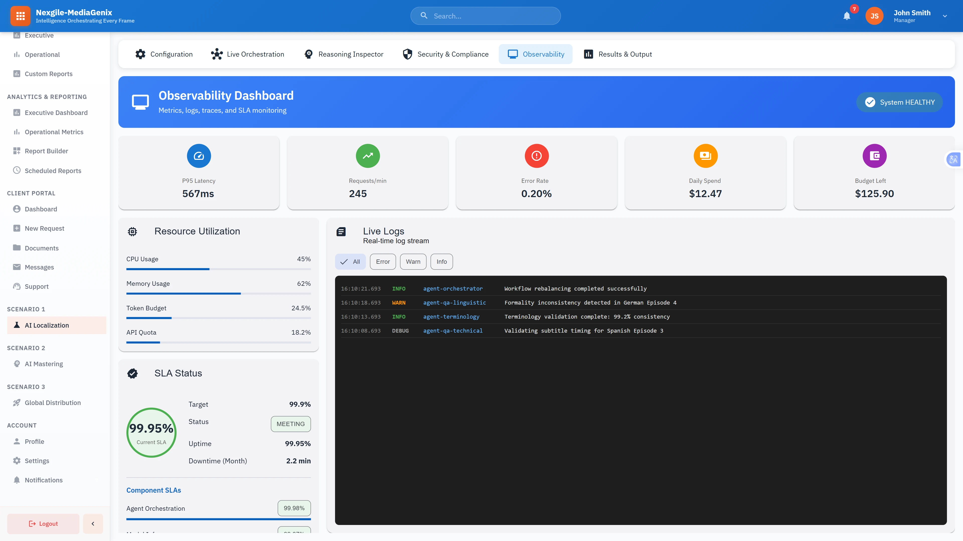 Illustrative preview (sample data, not verified outcomes): Observability Monitoring: Comprehensive metrics dashboard with P95 latency, resource utilization, SLA status, and real-time log streaming for production-grade system monitoring