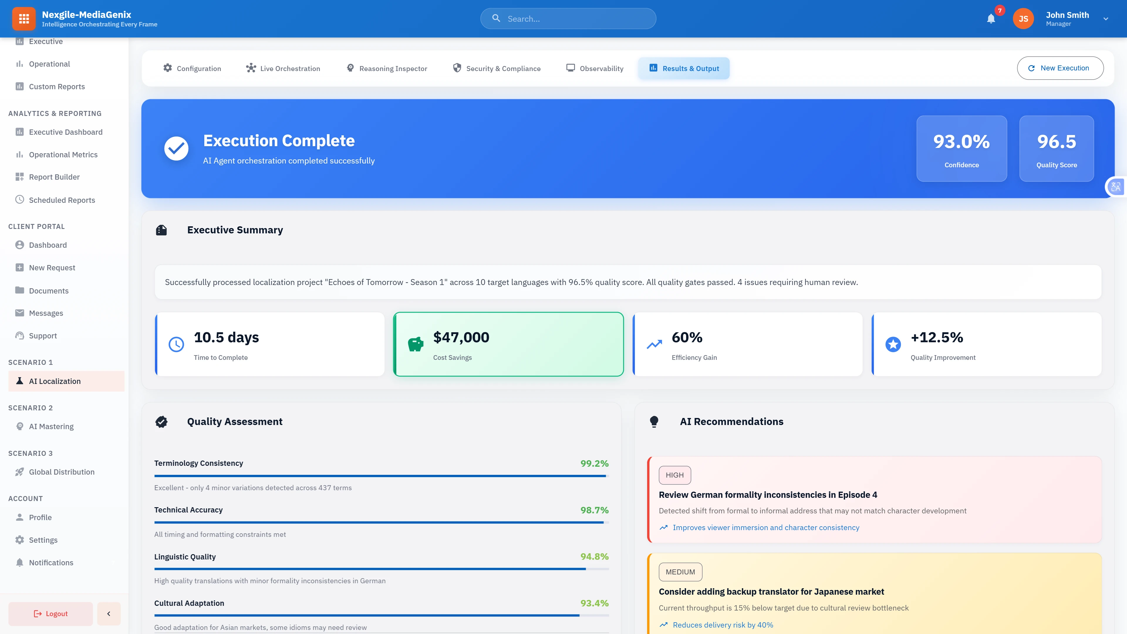 Illustrative preview (sample data, not verified outcomes): Execution Results: Completed localization workflow showing quality assessment scores, terminology consistency metrics, AI-generated recommendations, and business impact analysis