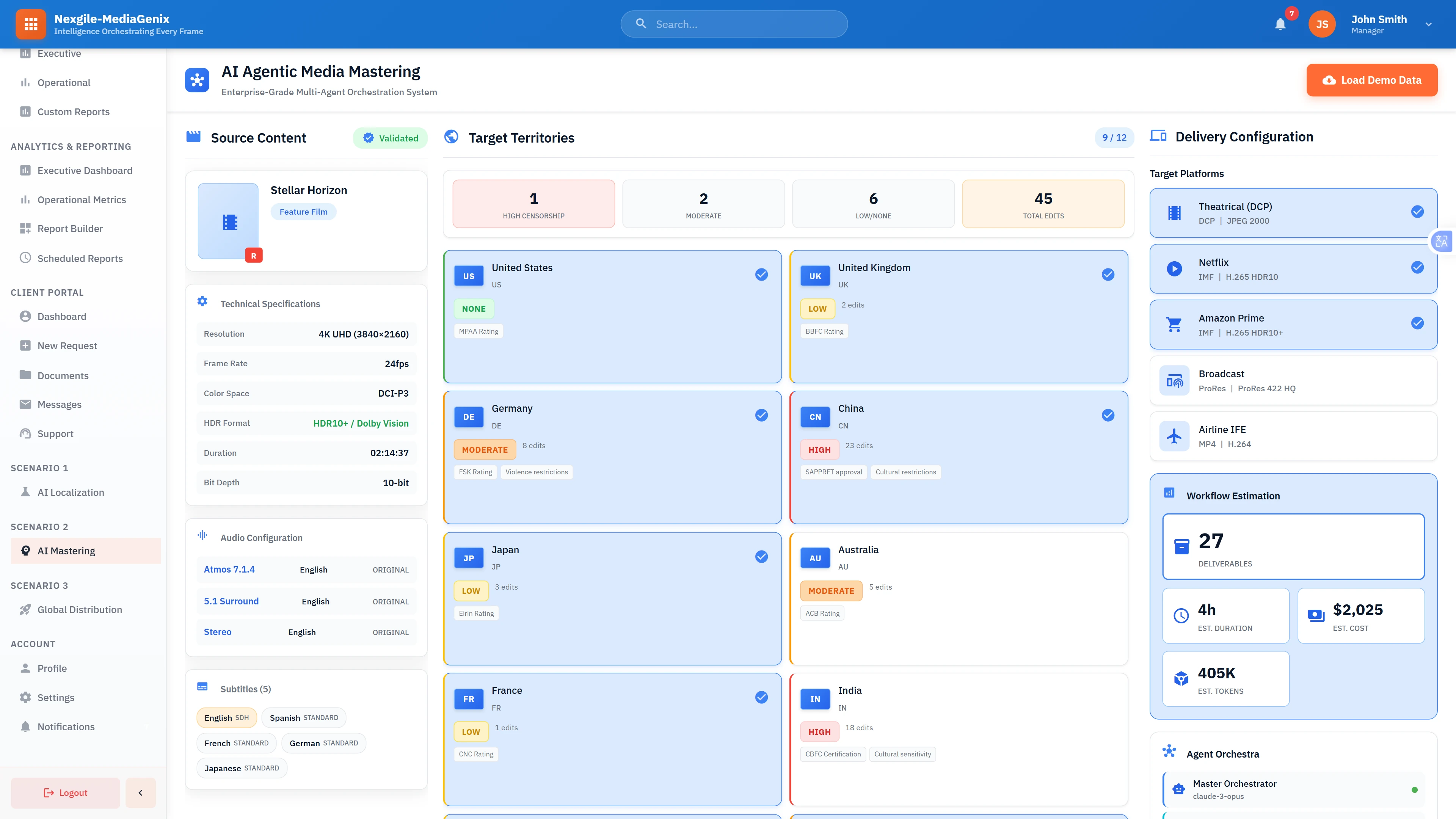 Illustrative preview (sample data, not verified outcomes): Project Configuration: Multi-territory mastering setup showing source content specifications, target territories with censorship requirements, delivery platform configuration, and workflow estimation