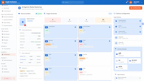 Illustrative preview (sample data, not verified outcomes): Project Configuration: Multi-territory mastering setup showing source content specifications, target territories with censorship requirements, delivery platform configuration, and workflow estimation