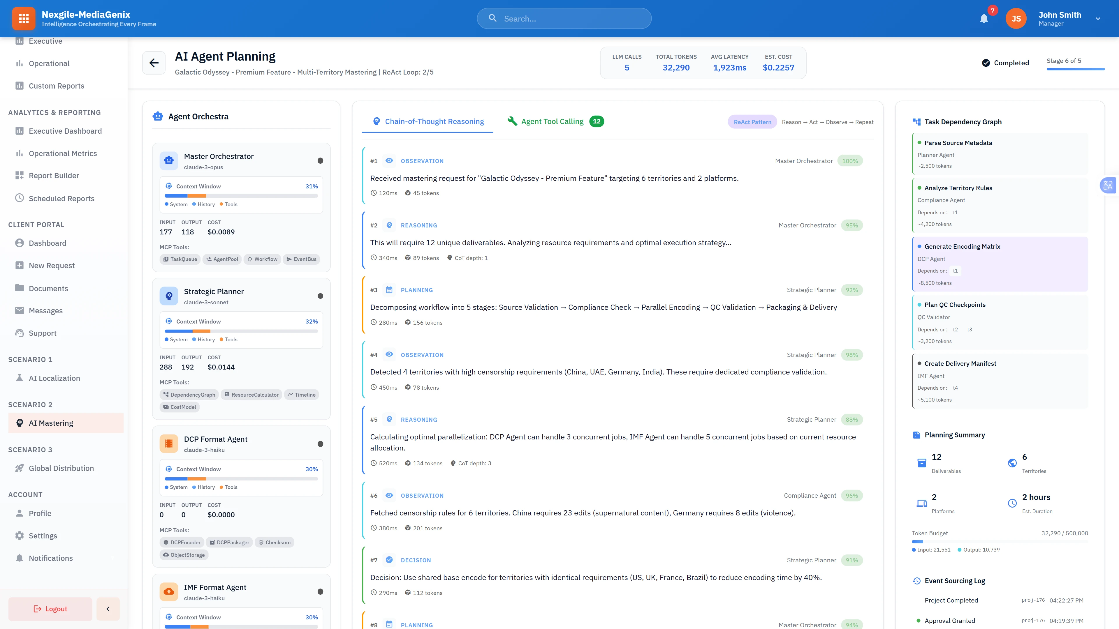 Illustrative preview (sample data, not verified outcomes): AI Planning Interface: Strategic planner showing chain-of-thought reasoning, task decomposition across specialized agents, and dependency graph for parallel encoding workflow optimization