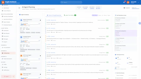 Illustrative preview (sample data, not verified outcomes): AI Planning Interface: Strategic planner showing chain-of-thought reasoning, task decomposition across specialized agents, and dependency graph for parallel encoding workflow optimization