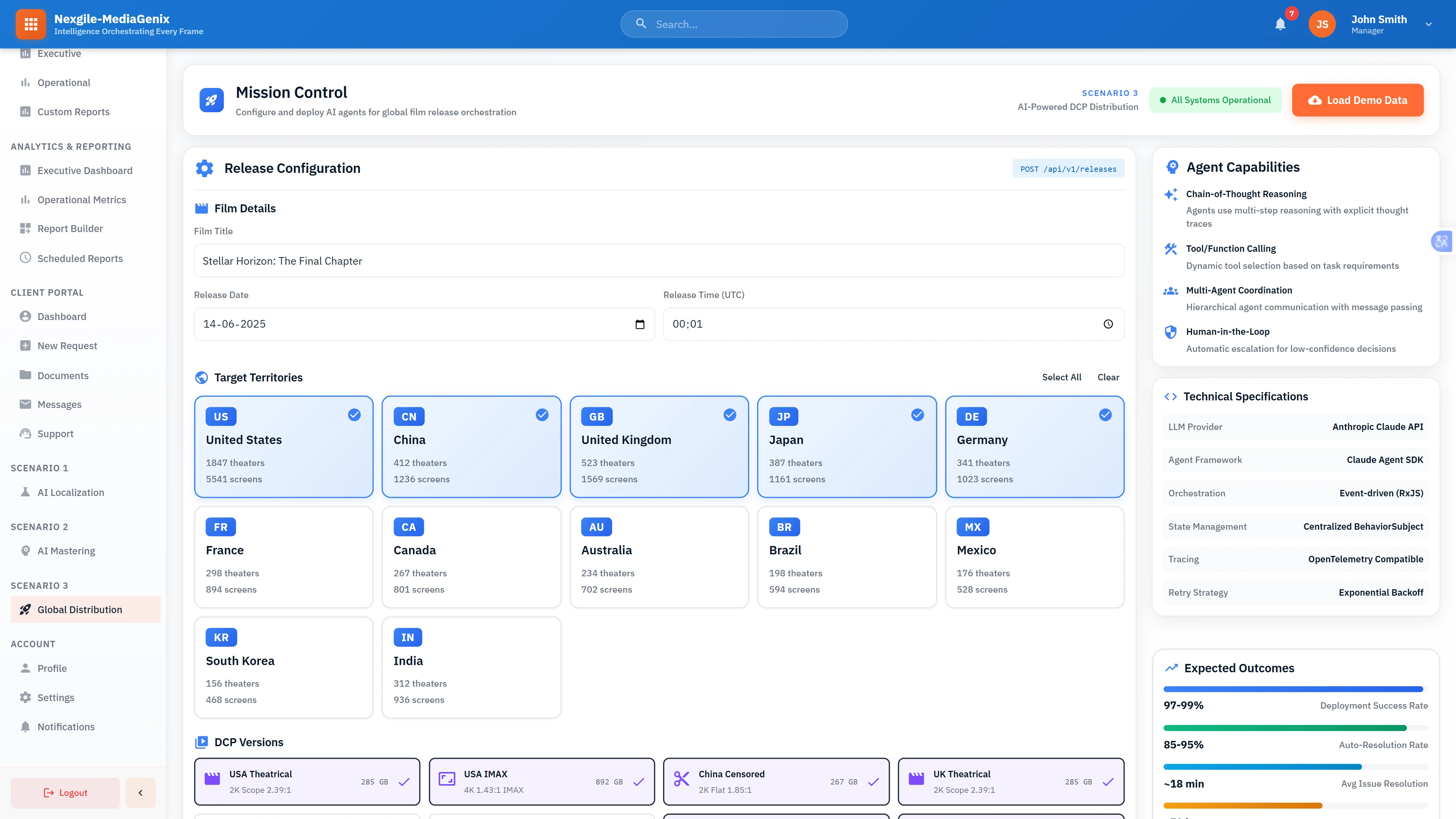 Illustrative preview (sample data, not verified outcomes): Mission Control Configuration: Global film release setup with target territory selection across multiple regions, DCP version management, agent capability specifications, and expected deployment outcomes