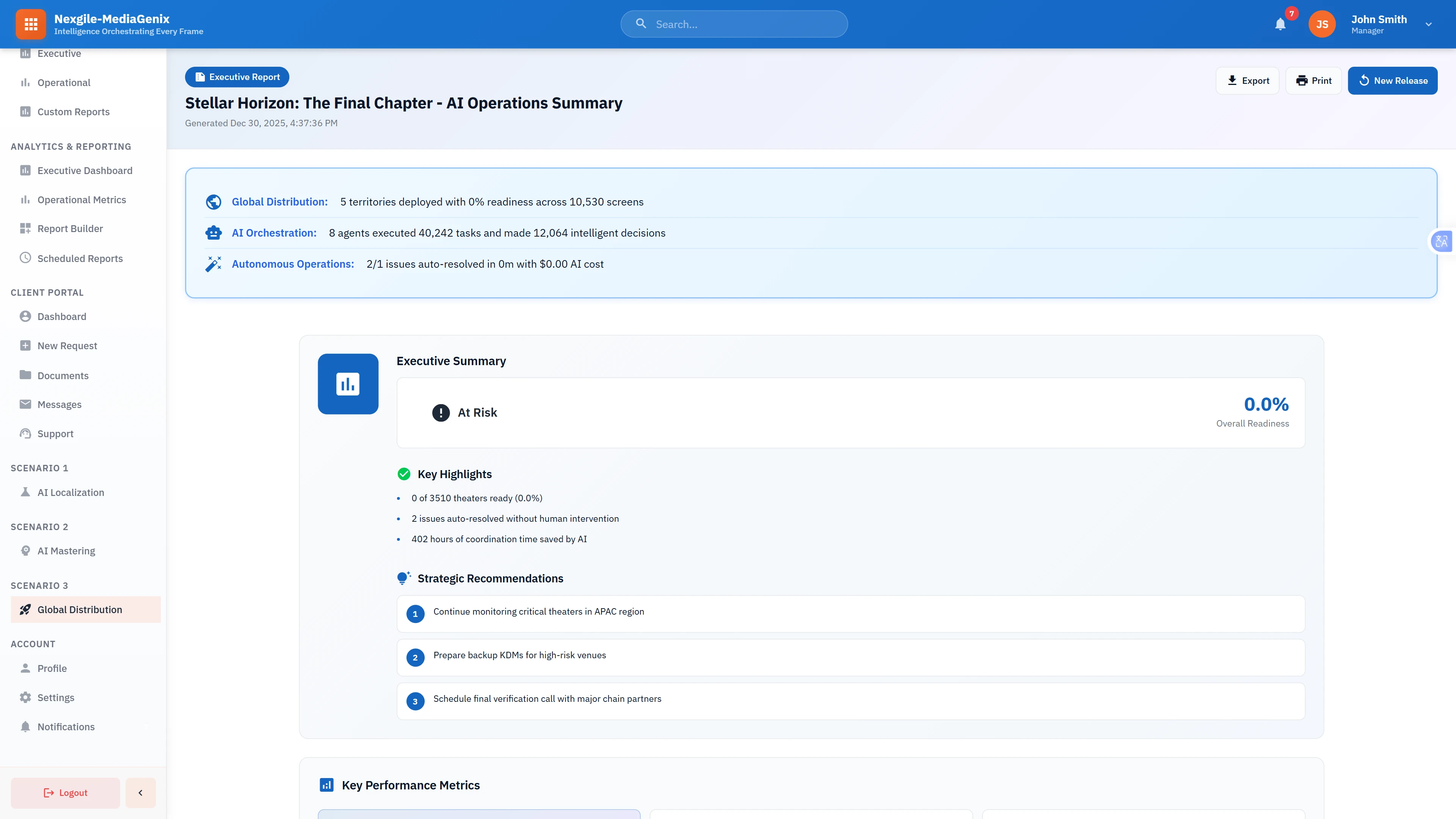 Illustrative preview (sample data, not verified outcomes): Release Performance Report: Comprehensive AI operations analysis showing deployment readiness, orchestration efficiency, autonomous operations savings, and actionable insights for stakeholders