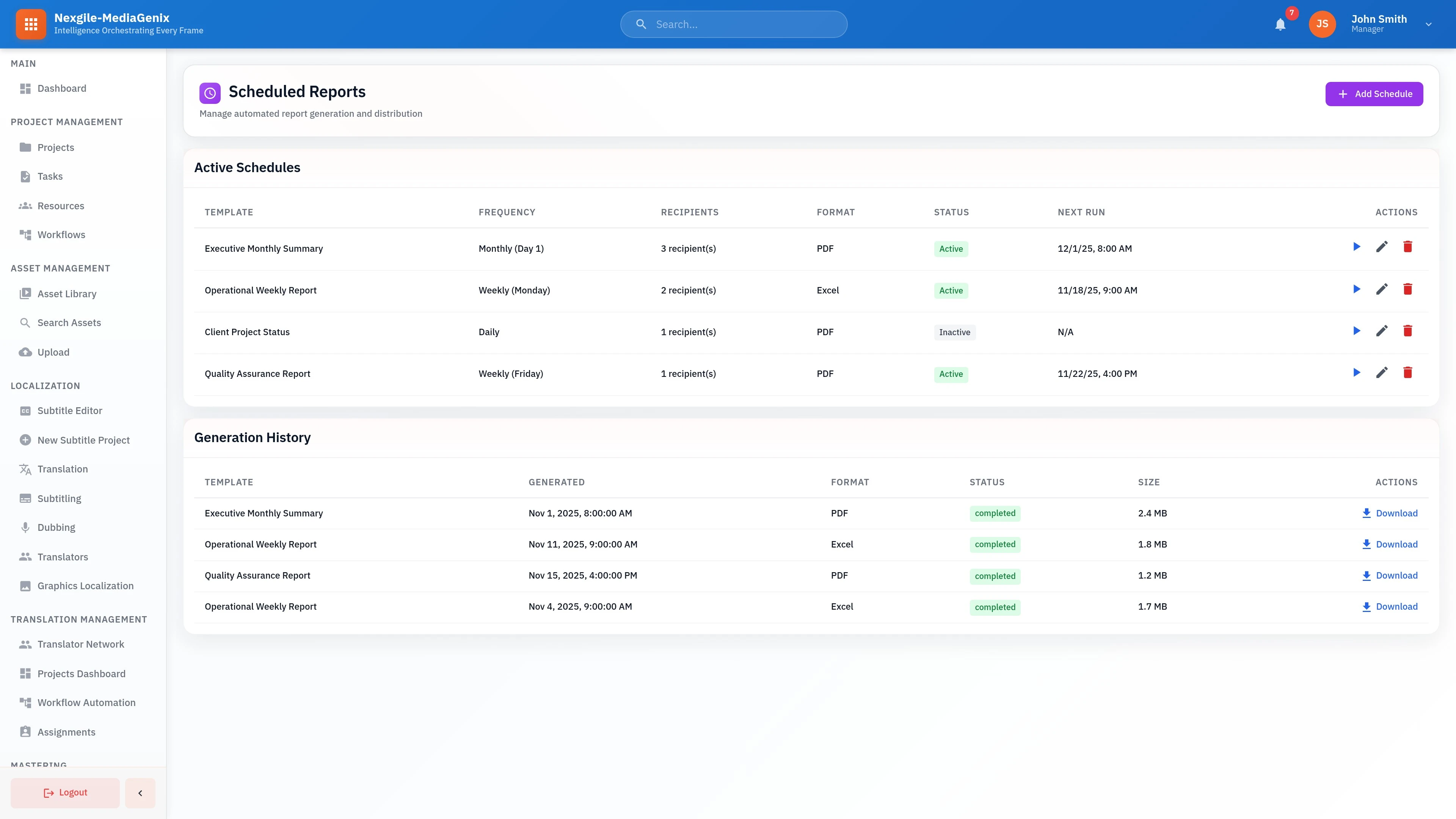 Illustrative preview (sample data, not verified outcomes): Analytics - Scheduled Reports: Comprehensive reporting dashboard for managing automated report generation and distribution across the platform