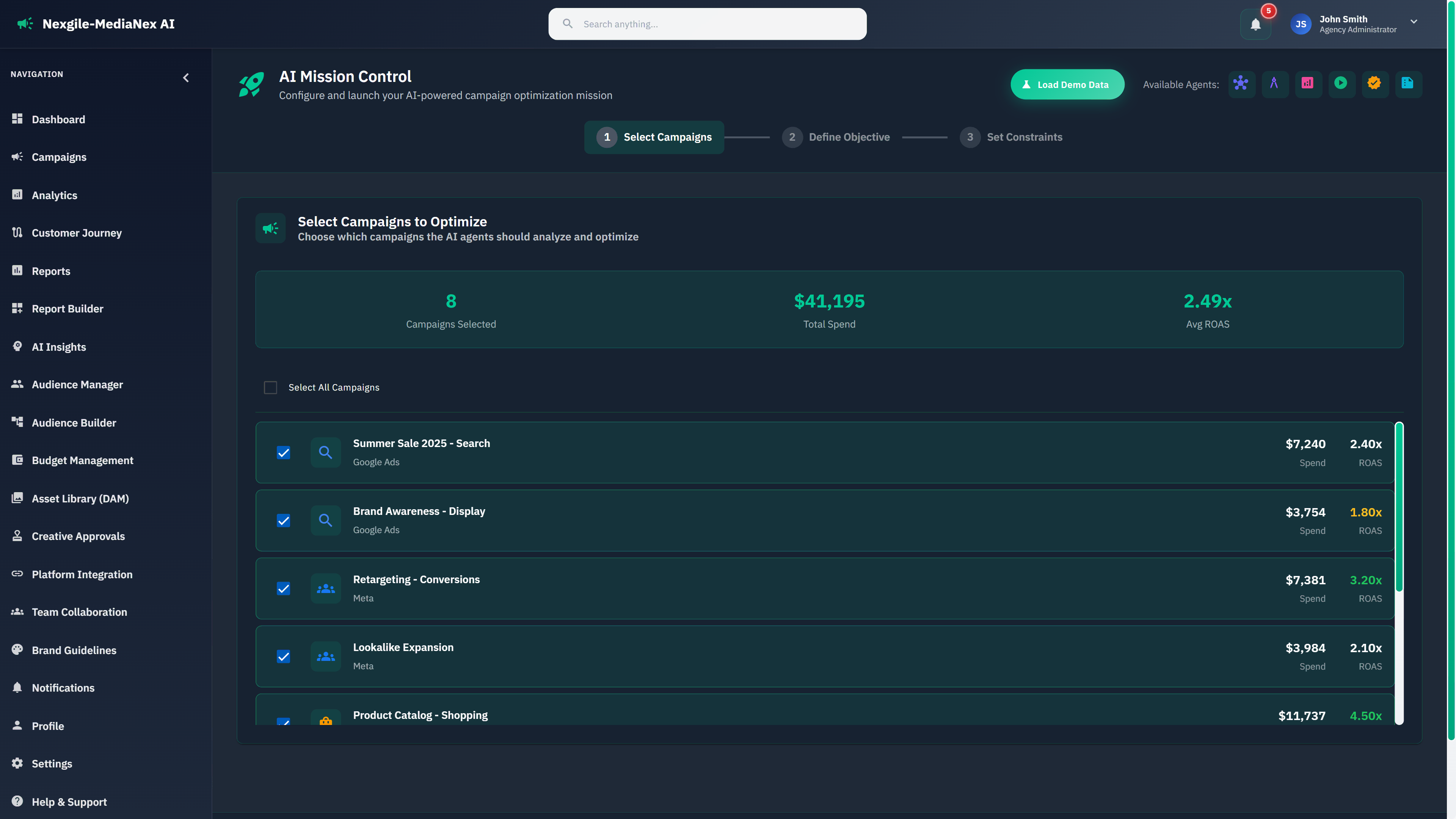 Illustrative preview (sample data, not verified outcomes): AI Mission Control - Campaign selection interface for configuring optimization objectives
