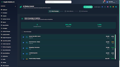 Illustrative preview (sample data, not verified outcomes): AI Mission Control - Campaign selection interface for configuring optimization objectives