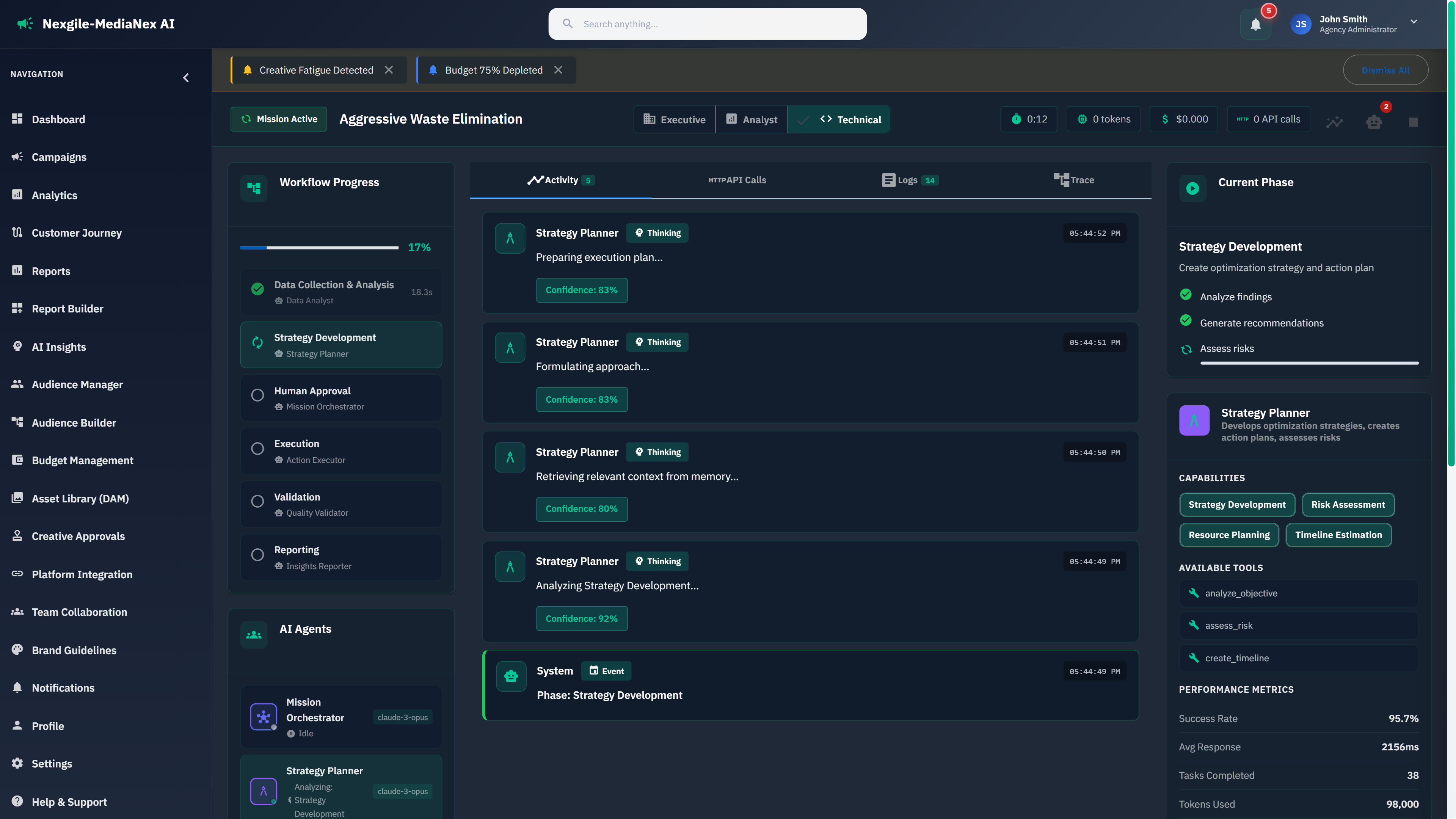 Illustrative preview (sample data, not verified outcomes): Real-time agent workflow monitoring showing Strategy Planner analyzing optimization strategies