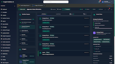 Illustrative preview (sample data, not verified outcomes): Real-time agent workflow monitoring showing Strategy Planner analyzing optimization strategies