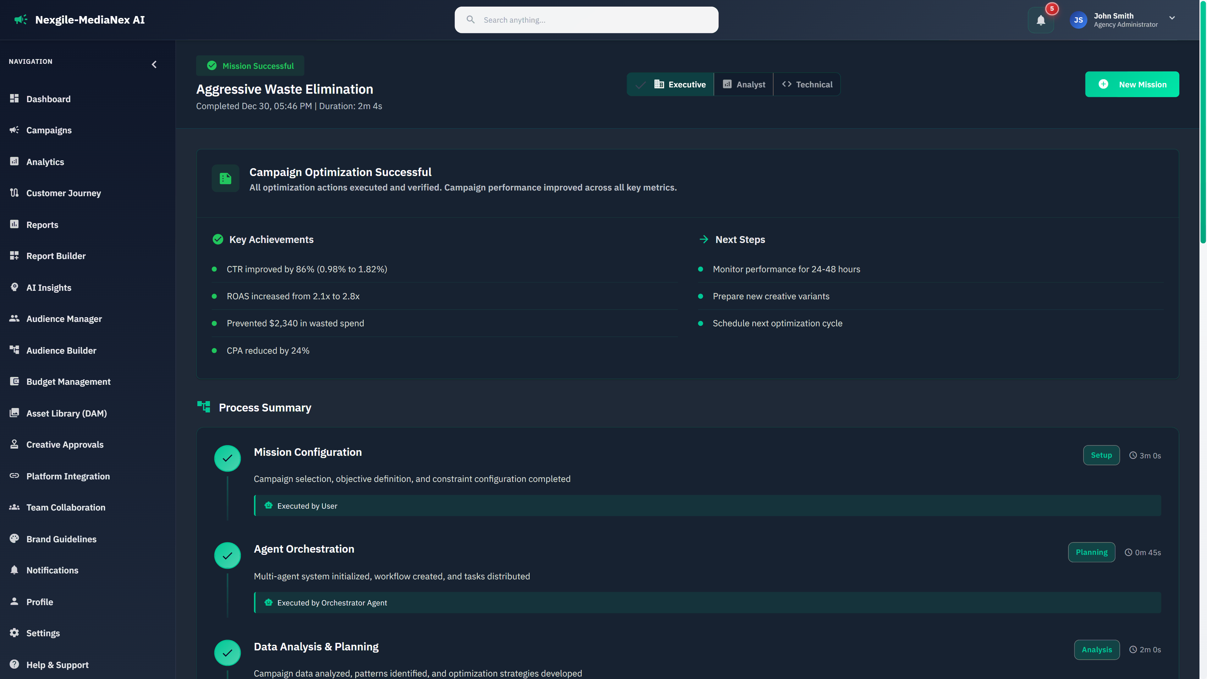 Illustrative preview (sample data, not verified outcomes): Mission success summary displaying key achievements and process execution timeline