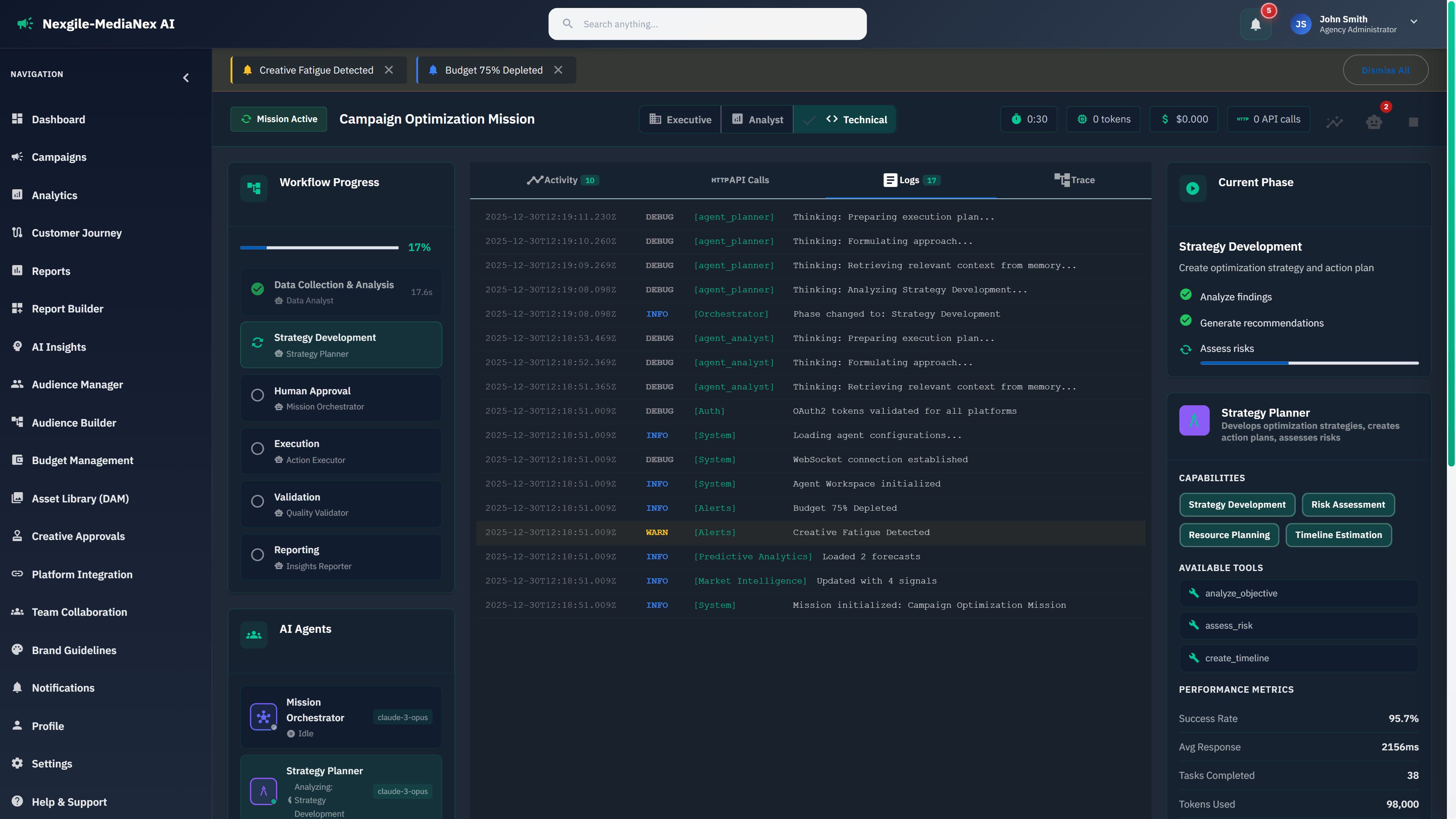 Illustrative preview (sample data, not verified outcomes): Technical logs view with detailed agent activity, API calls, and system events