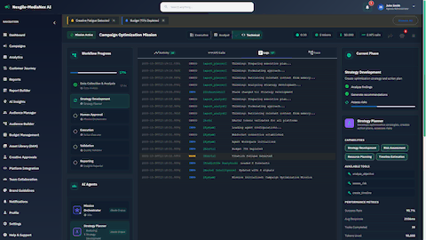 Illustrative preview (sample data, not verified outcomes): Technical logs view with detailed agent activity, API calls, and system events