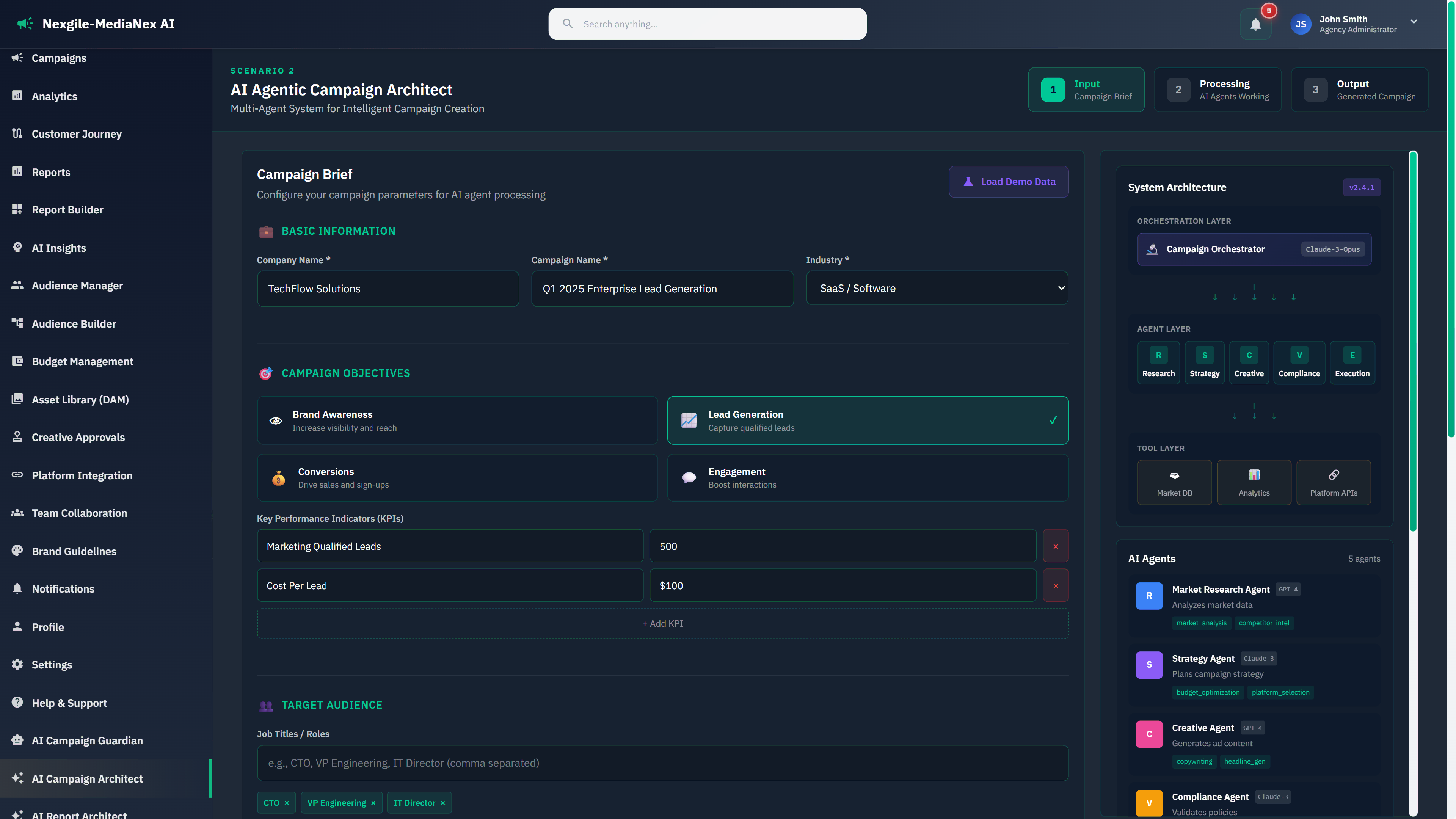 Illustrative preview (sample data, not verified outcomes): Campaign brief configuration interface showing multi-agent system architecture and input parameters