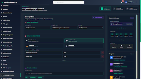 Illustrative preview (sample data, not verified outcomes): Campaign brief configuration interface showing multi-agent system architecture and input parameters