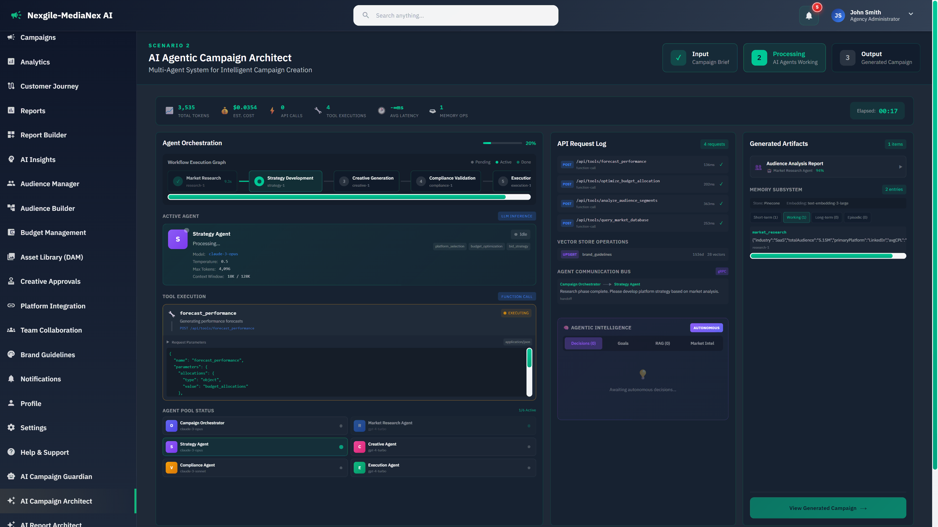 Illustrative preview (sample data, not verified outcomes): Agent orchestration in action with workflow execution graph and real-time processing status