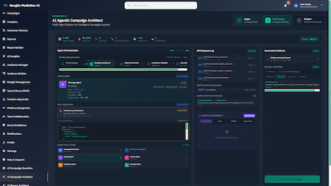 Illustrative preview (sample data, not verified outcomes): Agent orchestration in action with workflow execution graph and real-time processing status