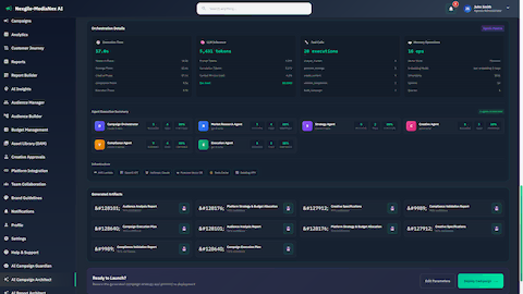 Illustrative preview (sample data, not verified outcomes): Orchestration details showing agent execution summary, generated artifacts, and deployment readiness