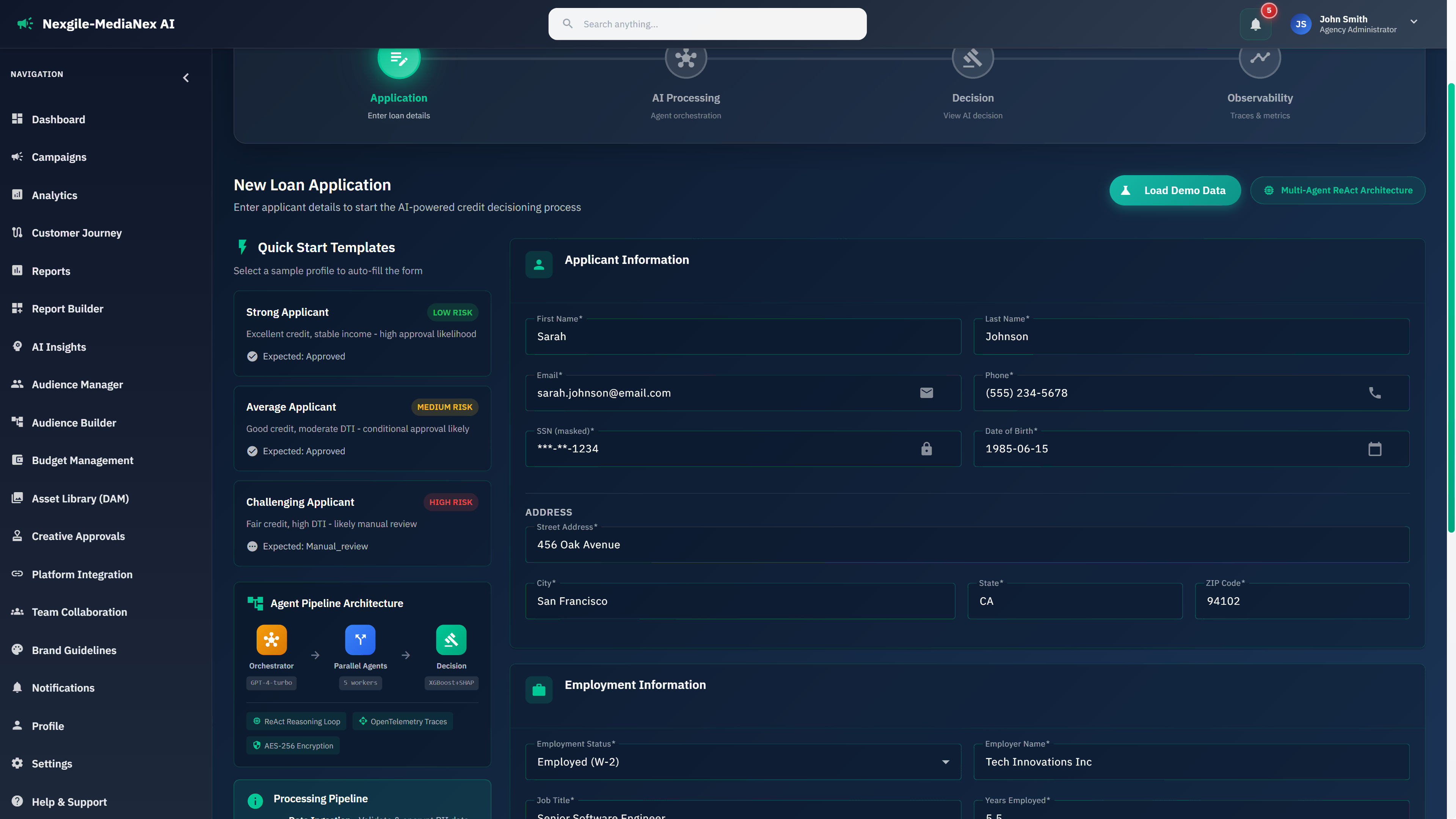 Illustrative preview (sample data, not verified outcomes): New loan application interface with applicant information input and multi-agent ReAct architecture display