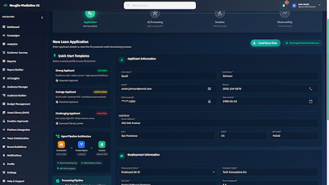 Illustrative preview (sample data, not verified outcomes): New loan application interface with applicant information input and multi-agent ReAct architecture display