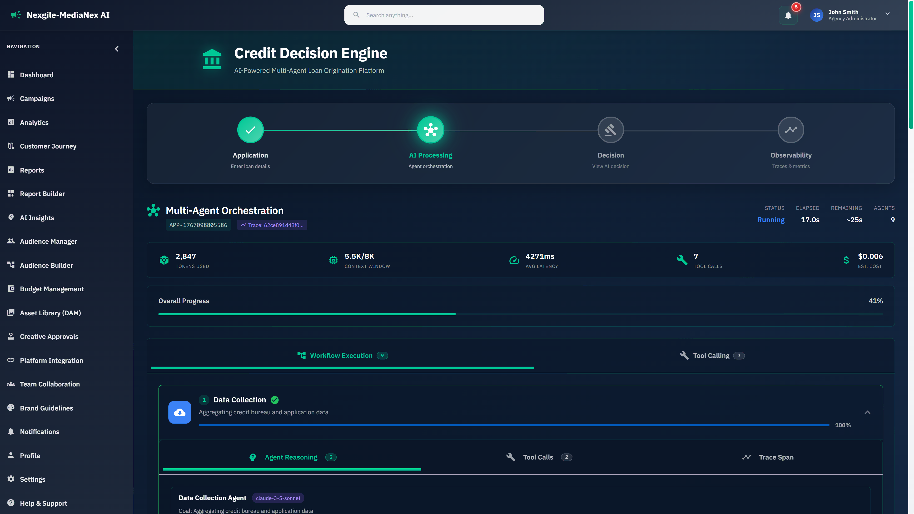 Illustrative preview (sample data, not verified outcomes): Multi-agent orchestration showing credit decision workflow with real-time data collection and analysis
