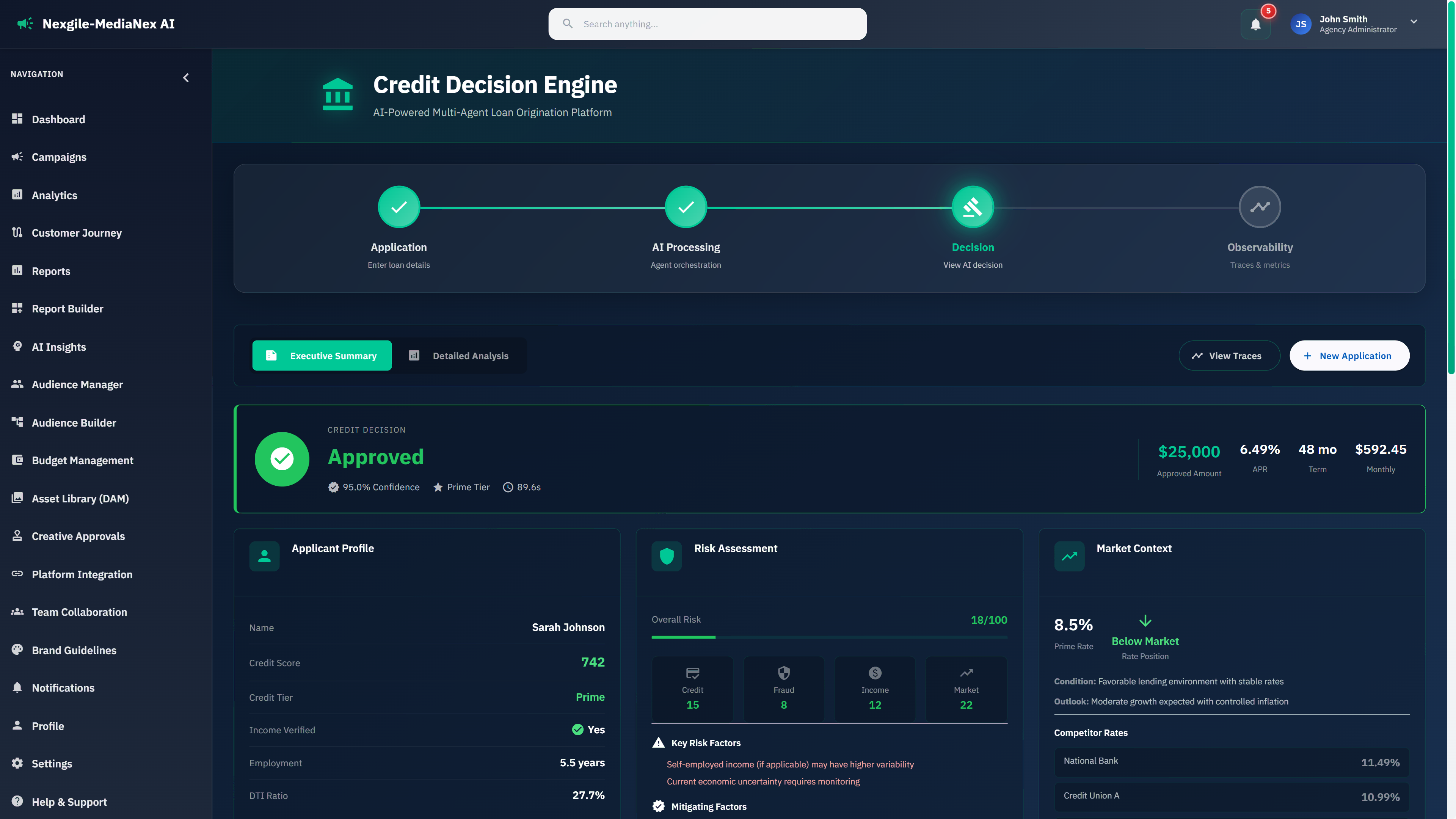 Illustrative preview (sample data, not verified outcomes): Credit decision approved with comprehensive risk assessment, applicant profile, and market context analysis