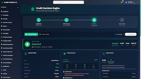 Illustrative preview (sample data, not verified outcomes): Credit decision approved with comprehensive risk assessment, applicant profile, and market context analysis