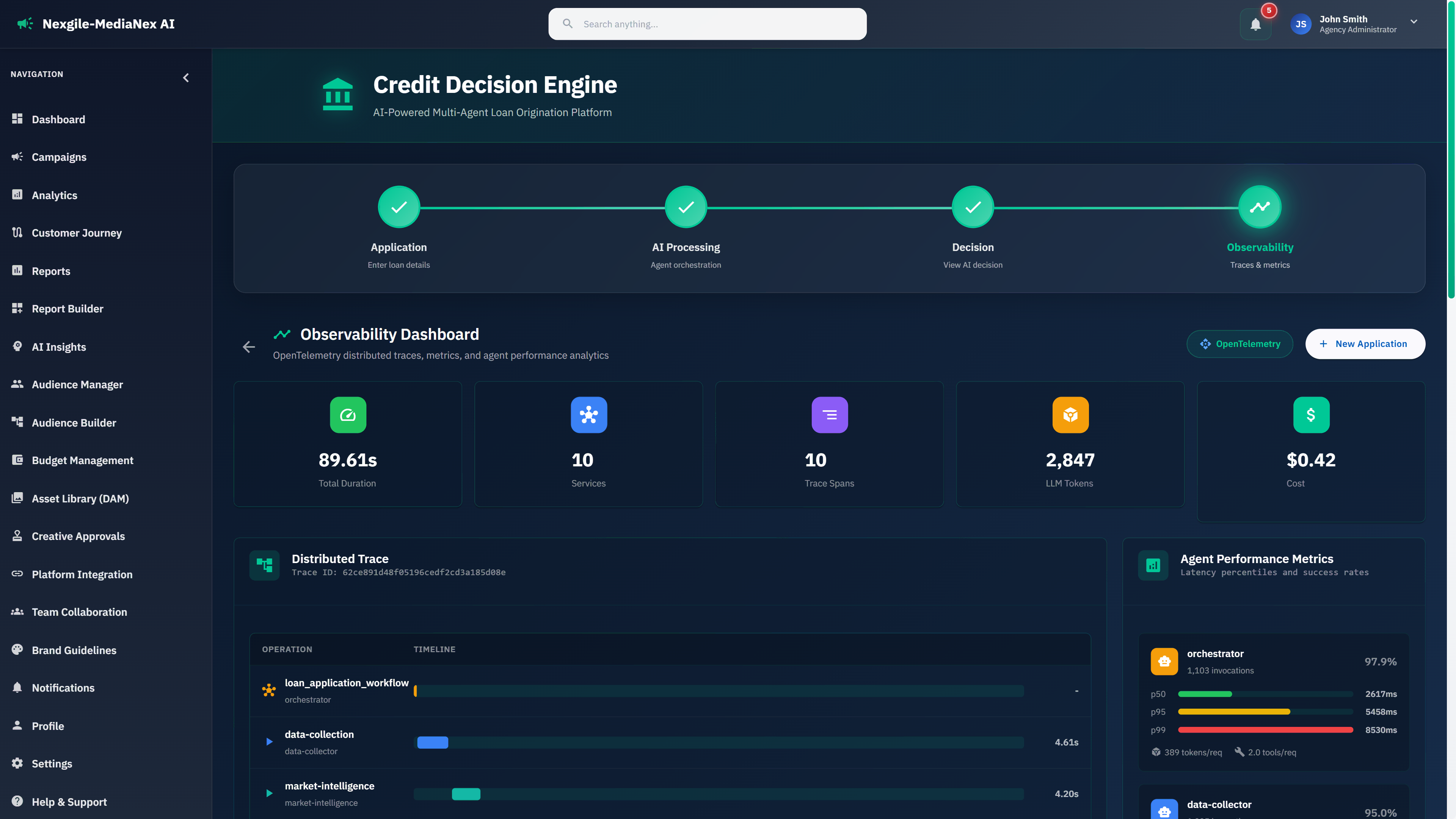 Illustrative preview (sample data, not verified outcomes): Observability dashboard with OpenTelemetry distributed traces and agent performance metrics