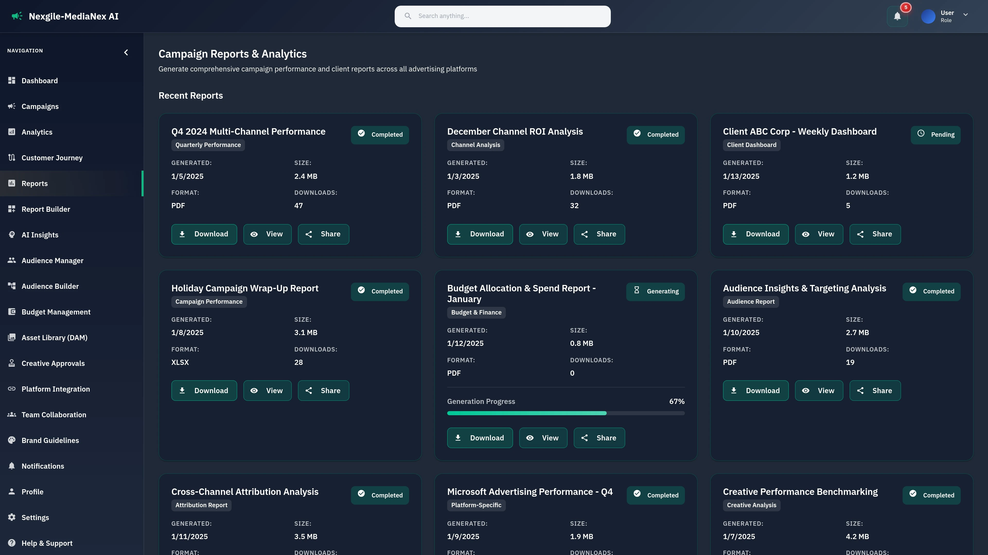 Illustrative preview (sample data, not verified outcomes): Reports page showing analytics and performance metrics