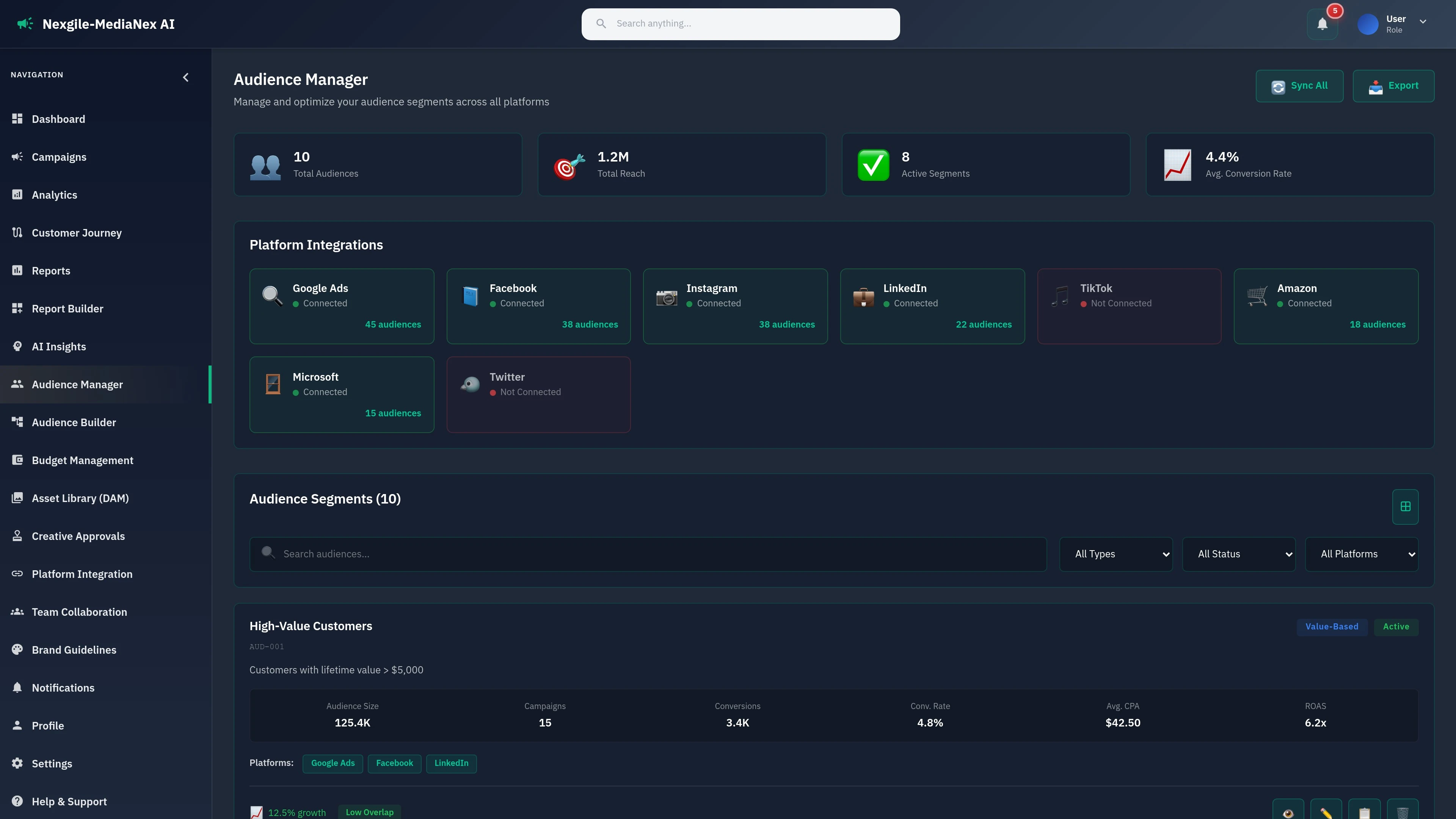 Illustrative preview (sample data, not verified outcomes): Audience management page showing customer segmentation and targeting capabilities