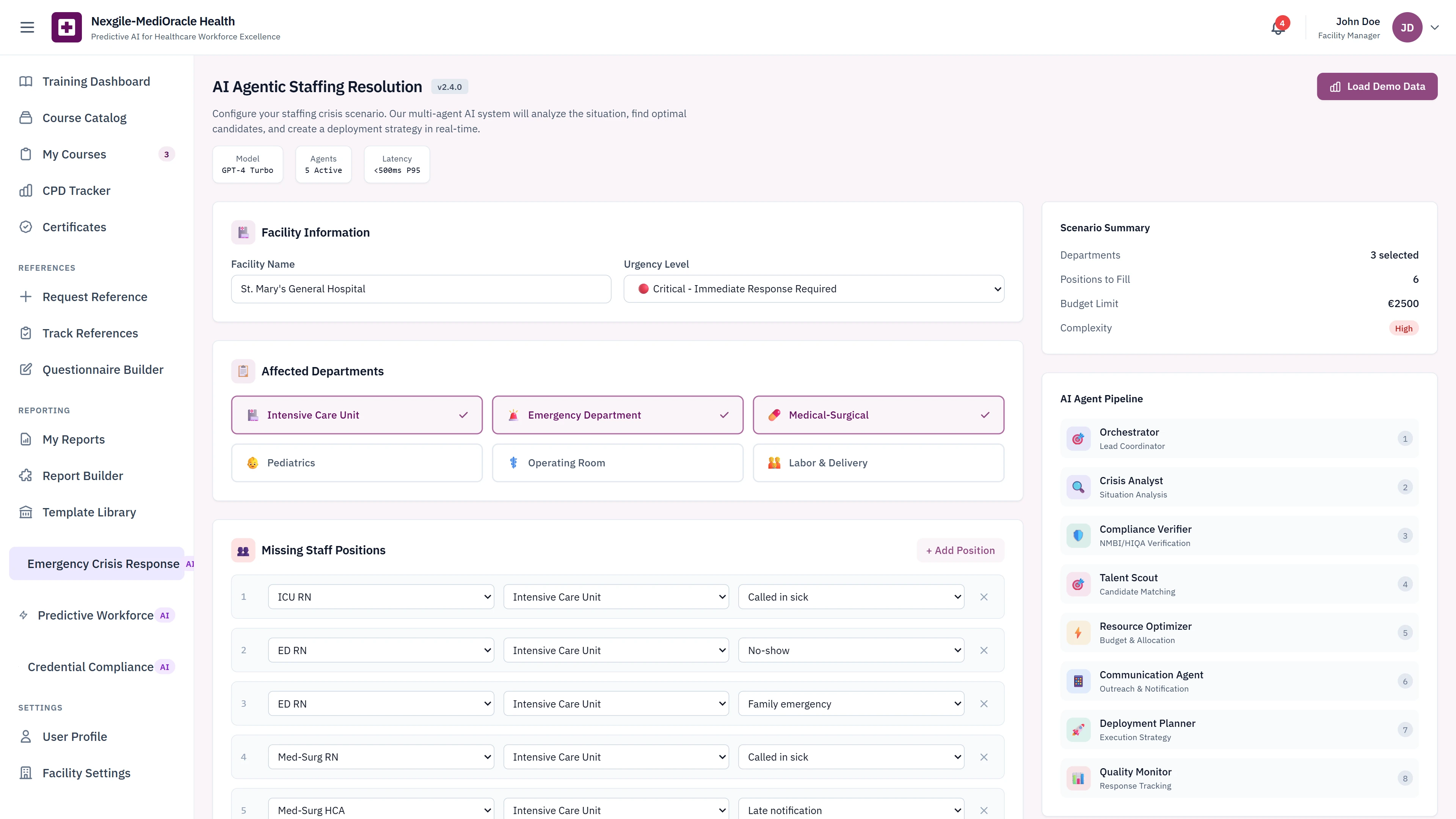 Illustrative preview (sample data, not verified outcomes): Crisis Configuration - Facility information, affected departments selection, missing staff positions, and AI agent pipeline activation