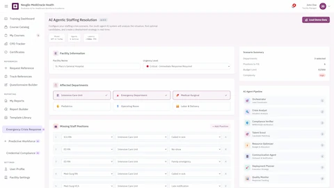Illustrative preview (sample data, not verified outcomes): Crisis Configuration - Facility information, affected departments selection, missing staff positions, and AI agent pipeline activation