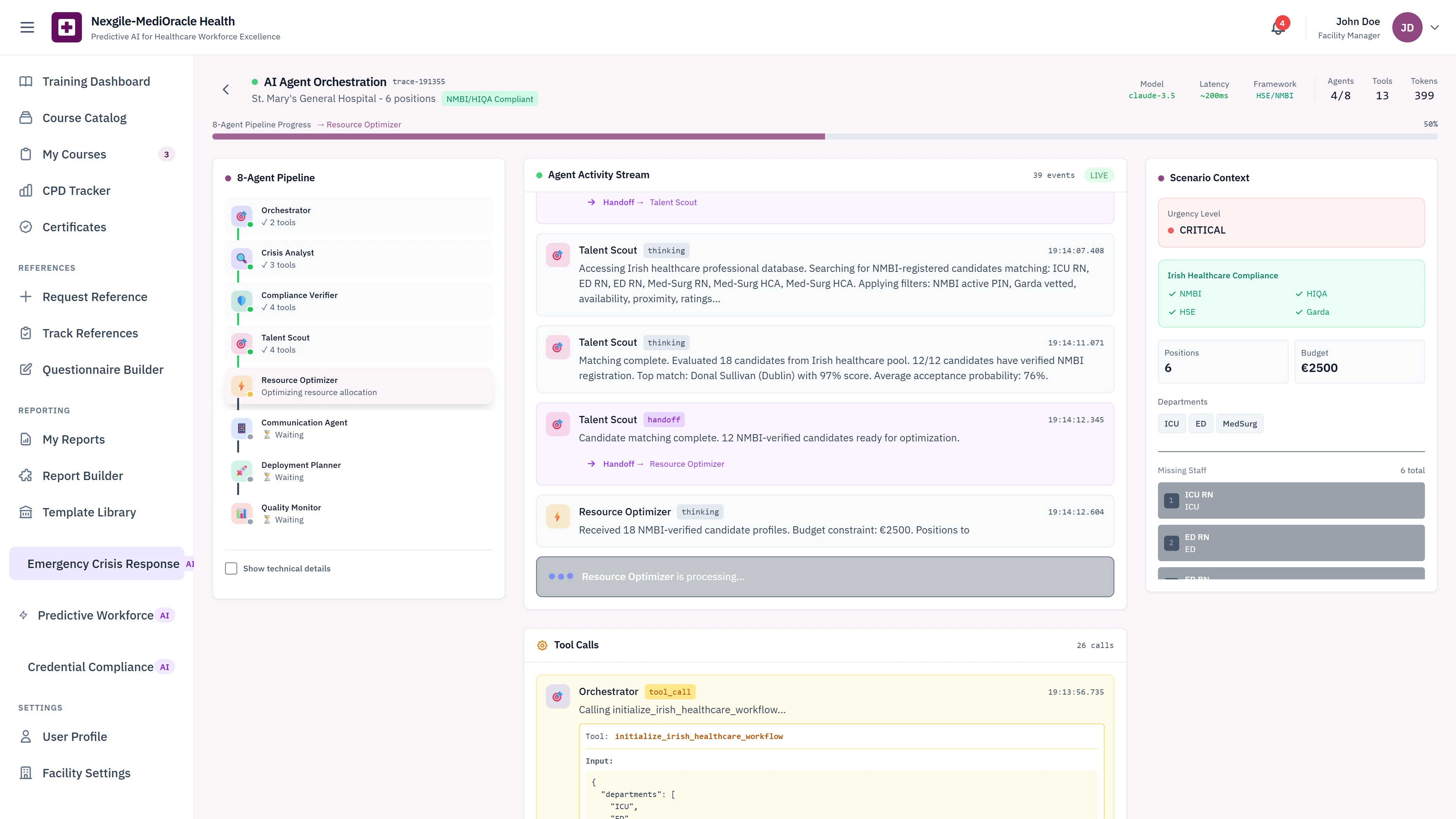 Illustrative preview (sample data, not verified outcomes): Agent Orchestration - Multi-agent activity stream with Talent Scout matching, Resource Optimizer processing, and real-time tool calls execution