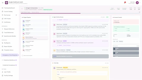 Illustrative preview (sample data, not verified outcomes): Agent Orchestration - Multi-agent activity stream with Talent Scout matching, Resource Optimizer processing, and real-time tool calls execution