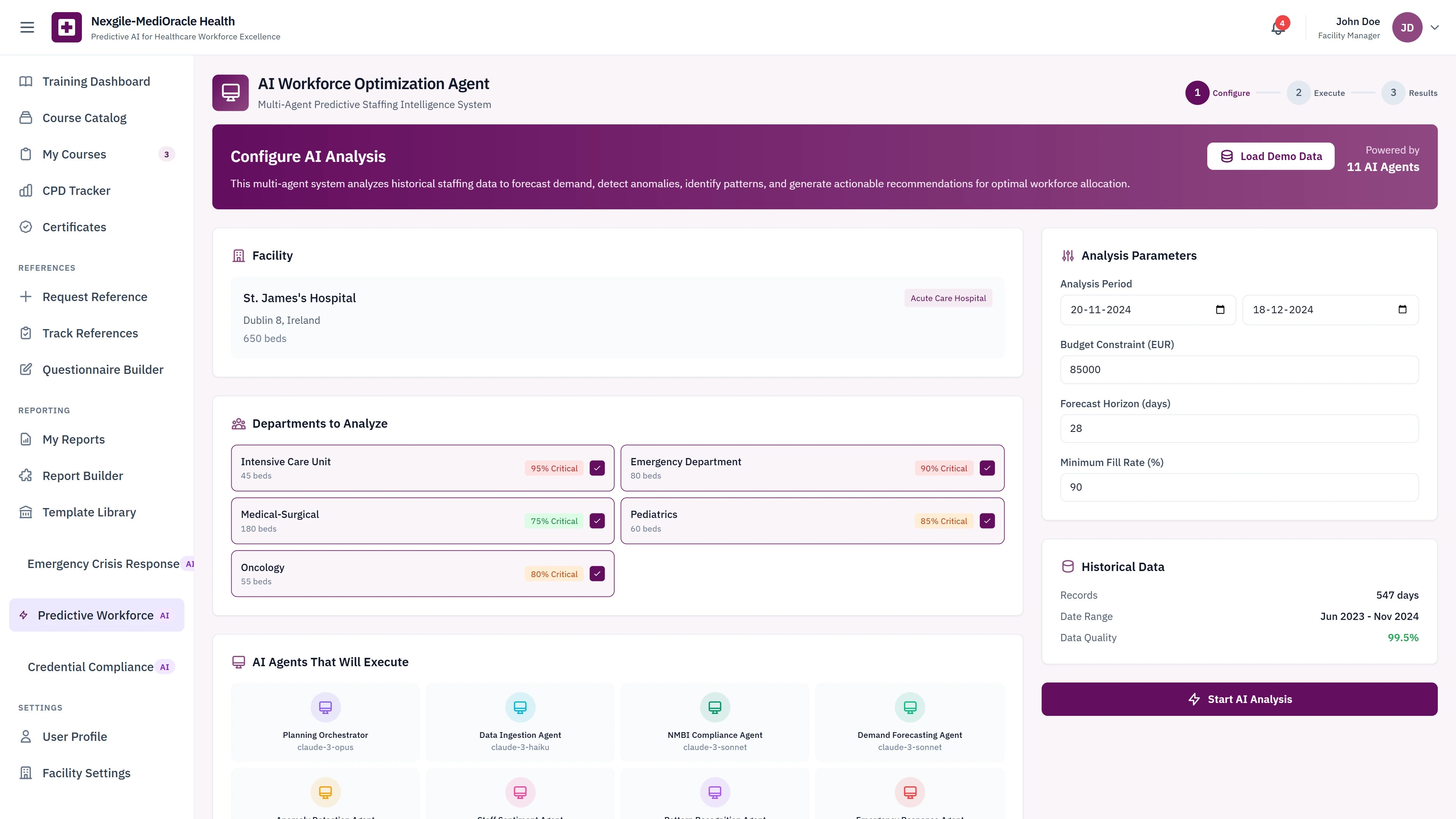 Illustrative preview (sample data, not verified outcomes): Analysis Configuration - Facility selection, department analysis scope, budget constraints, analysis parameters, and AI agents pipeline setup