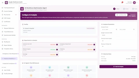 Illustrative preview (sample data, not verified outcomes): Analysis Configuration - Facility selection, department analysis scope, budget constraints, analysis parameters, and AI agents pipeline setup