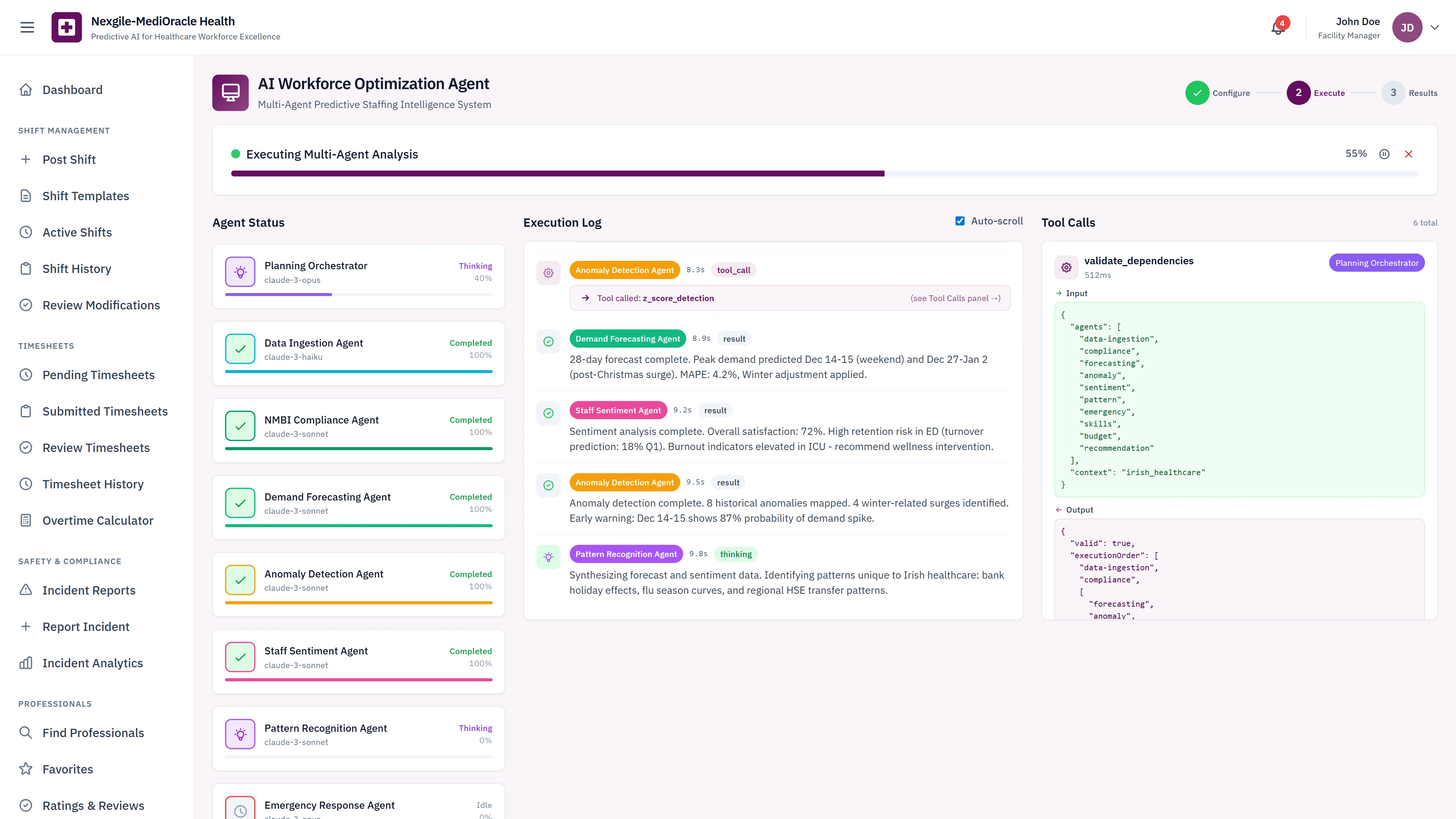 Illustrative preview (sample data, not verified outcomes): Multi-Agent Execution - Agent status tracking, execution log with demand forecasting and sentiment analysis, and real-time tool calls code display