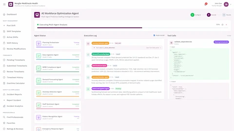 Illustrative preview (sample data, not verified outcomes): Multi-Agent Execution - Agent status tracking, execution log with demand forecasting and sentiment analysis, and real-time tool calls code display