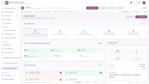 Illustrative preview (sample data, not verified outcomes): Mission Control - Mission type selection, Irish healthcare regulatory framework activation, analysis scope configuration, and mission preview with professional counts