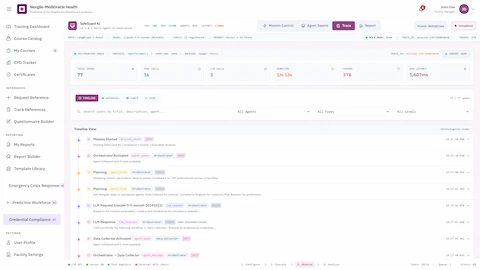 Illustrative preview (sample data, not verified outcomes): Trace View - Mission timeline with event tracking, LLM requests and responses, orchestrator activation, and data collector operations