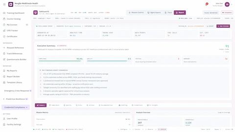 Illustrative preview (sample data, not verified outcomes): Executive Summary - Overall compliance score, key findings with NMBI verification stats, mission metrics, and analysis overview with professional counts