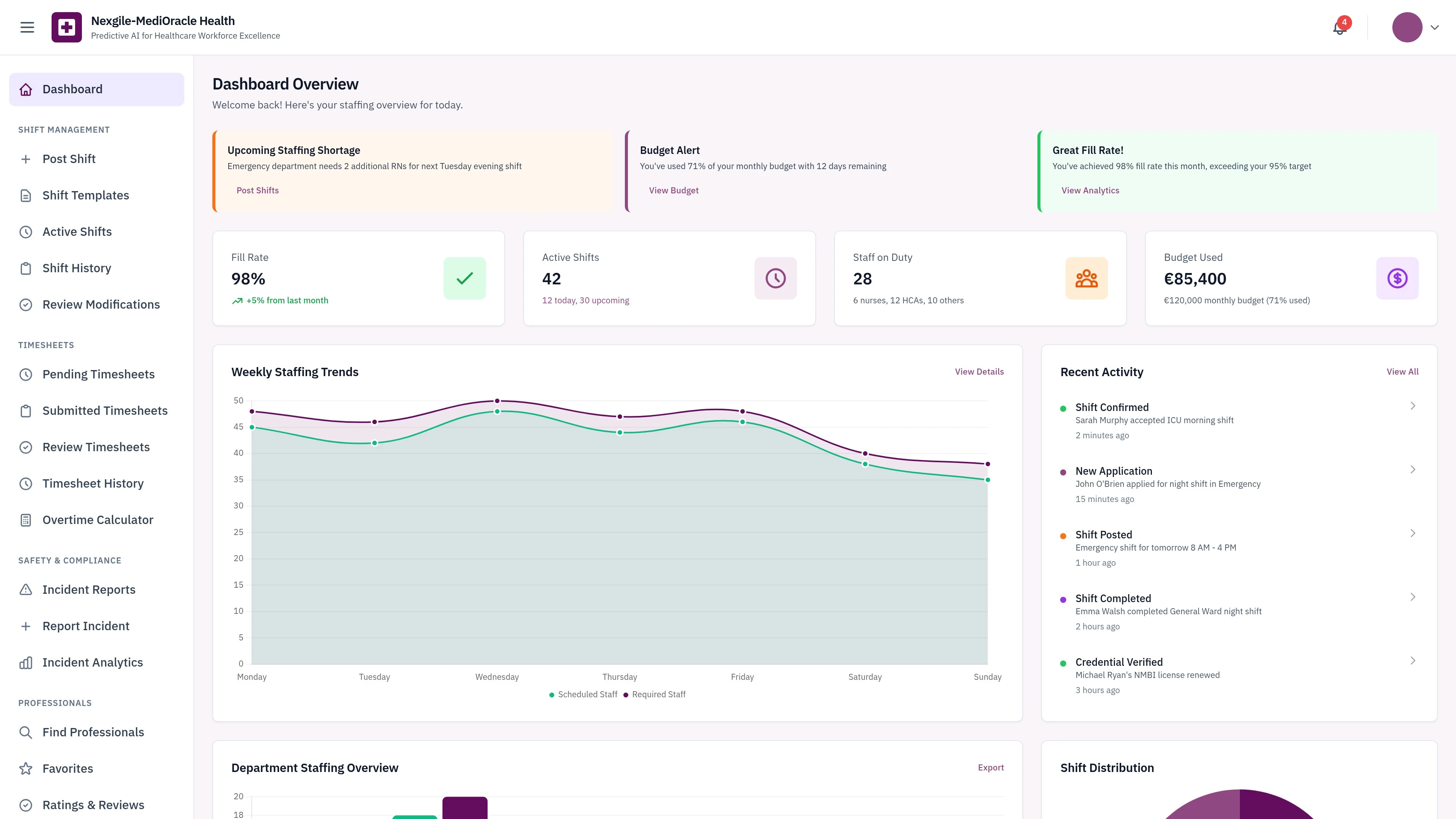 Illustrative preview (sample data, not verified outcomes): Dashboard Overview - Healthcare Staffing Portal