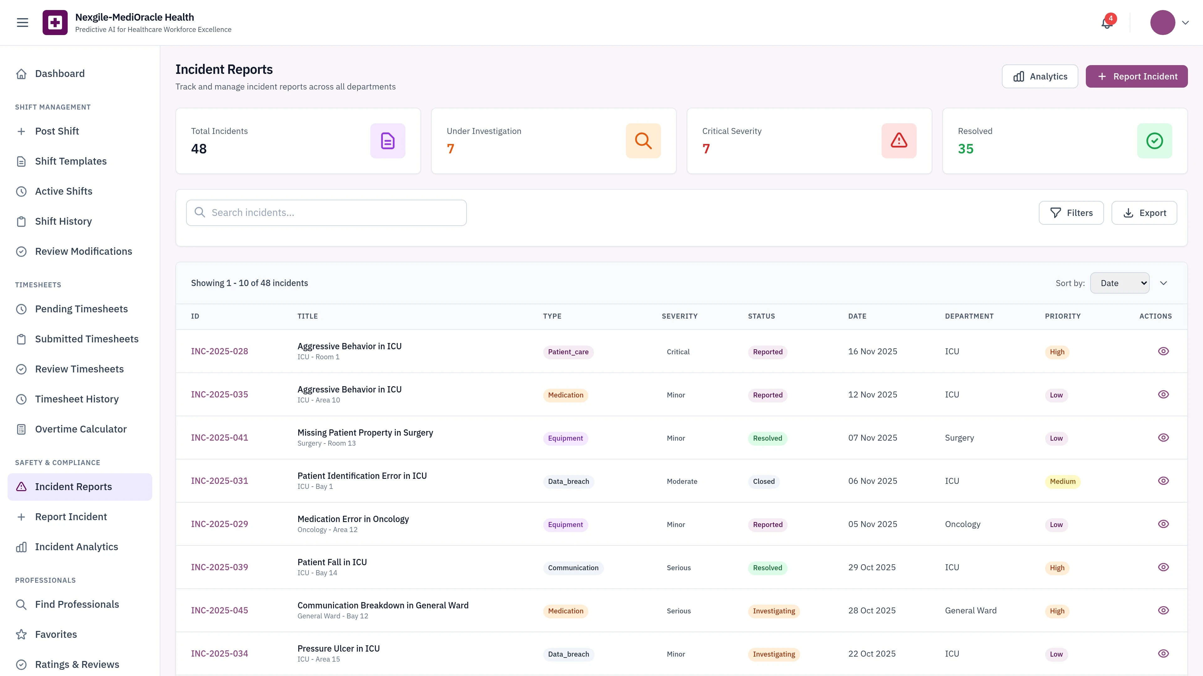 Illustrative preview (sample data, not verified outcomes): Incidents List - Healthcare incident management and reporting interface