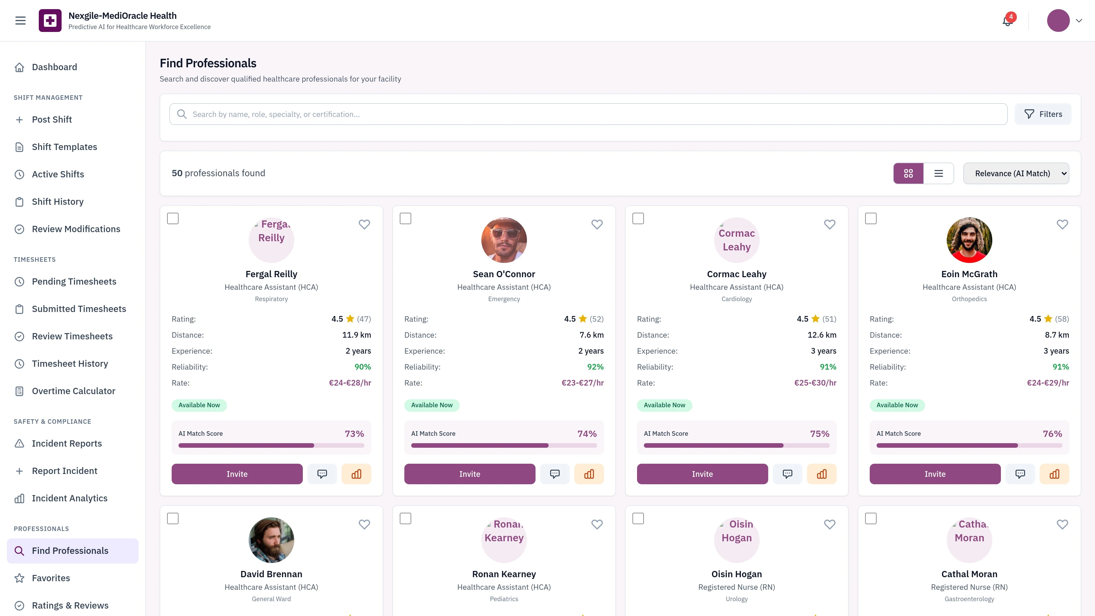 Illustrative preview (sample data, not verified outcomes): Professionals Search - Healthcare professional discovery interface with comprehensive rating and filtering systems